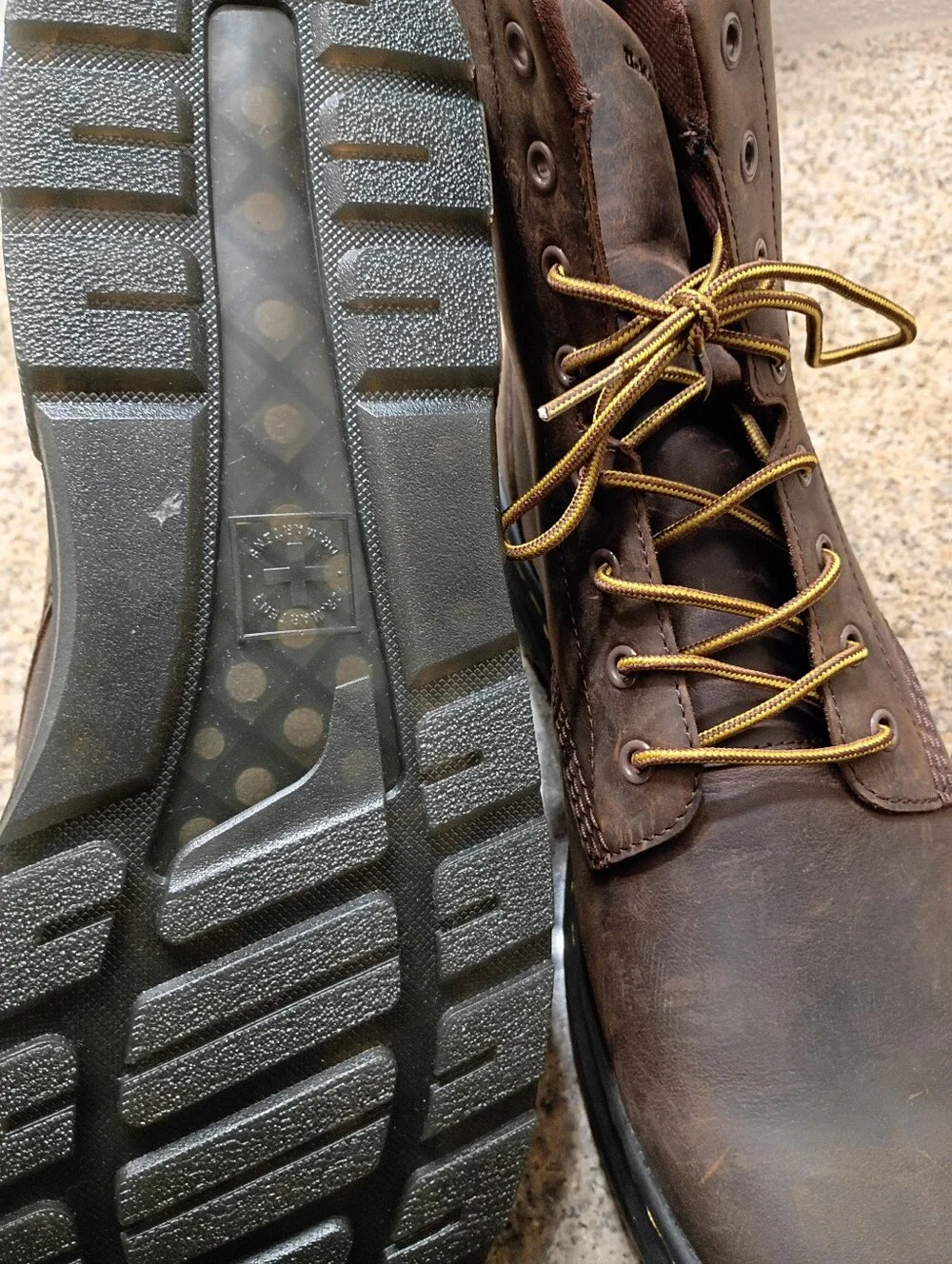 Dr. Martens Crewson Brown Boots with Black and Yellow Heel Loop Pull Tab